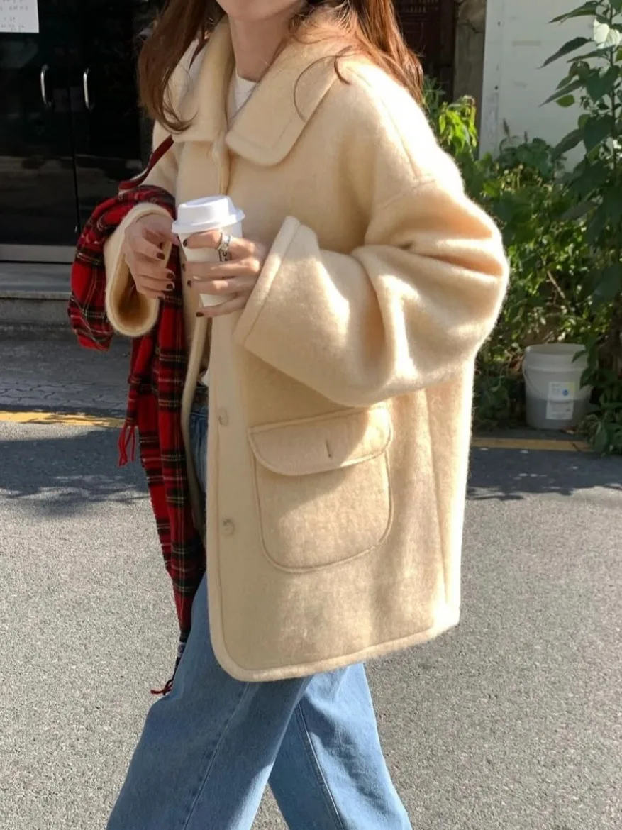 معطف صوفي دافئ كوري للنساء شتوي متوسط الطول بزر واحد وياقة أمامية من الفلانيل Jaet Gentle Fene #5