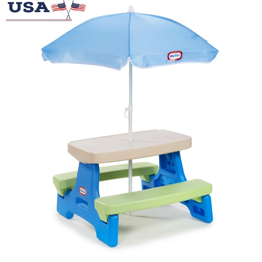 

Durable Kids Picnic Table with Umbrella Indoor Outdoor Folds Easy Storage Seats Six Includes Cup Holders Crayon Tray