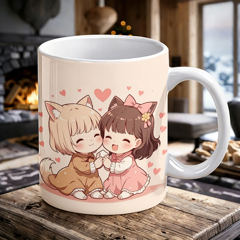 

Cute Q-version Cat Ear Girl Ceramic Mug with Handle, Creative Coffee Mug, Milk Cup, Office Tea Cup, Drinking Cup, Fade-resistant