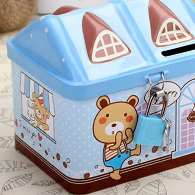 Cute Bear House Coin Box Creative Metal Bank Currency Box Coin Bank Children\'s Savings Tank Birthday And Christmas Gift Rabbit