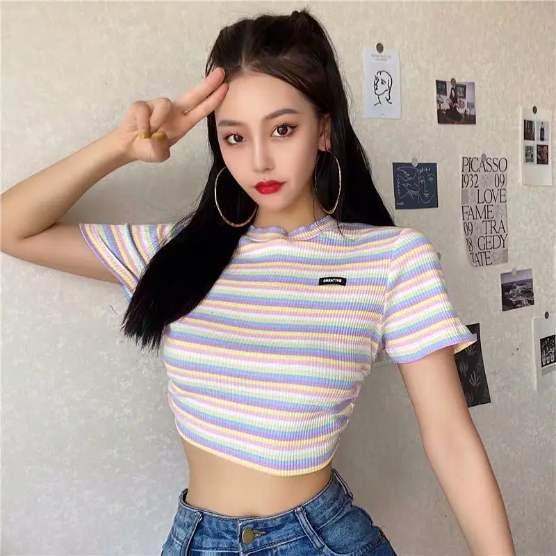 Summer Rainbow Print Backless Cropped Tshirt Women Hot Girl  Sexy Short Sleeve Stripe T-shirt Fashion Crop Tops Tees Streetwear