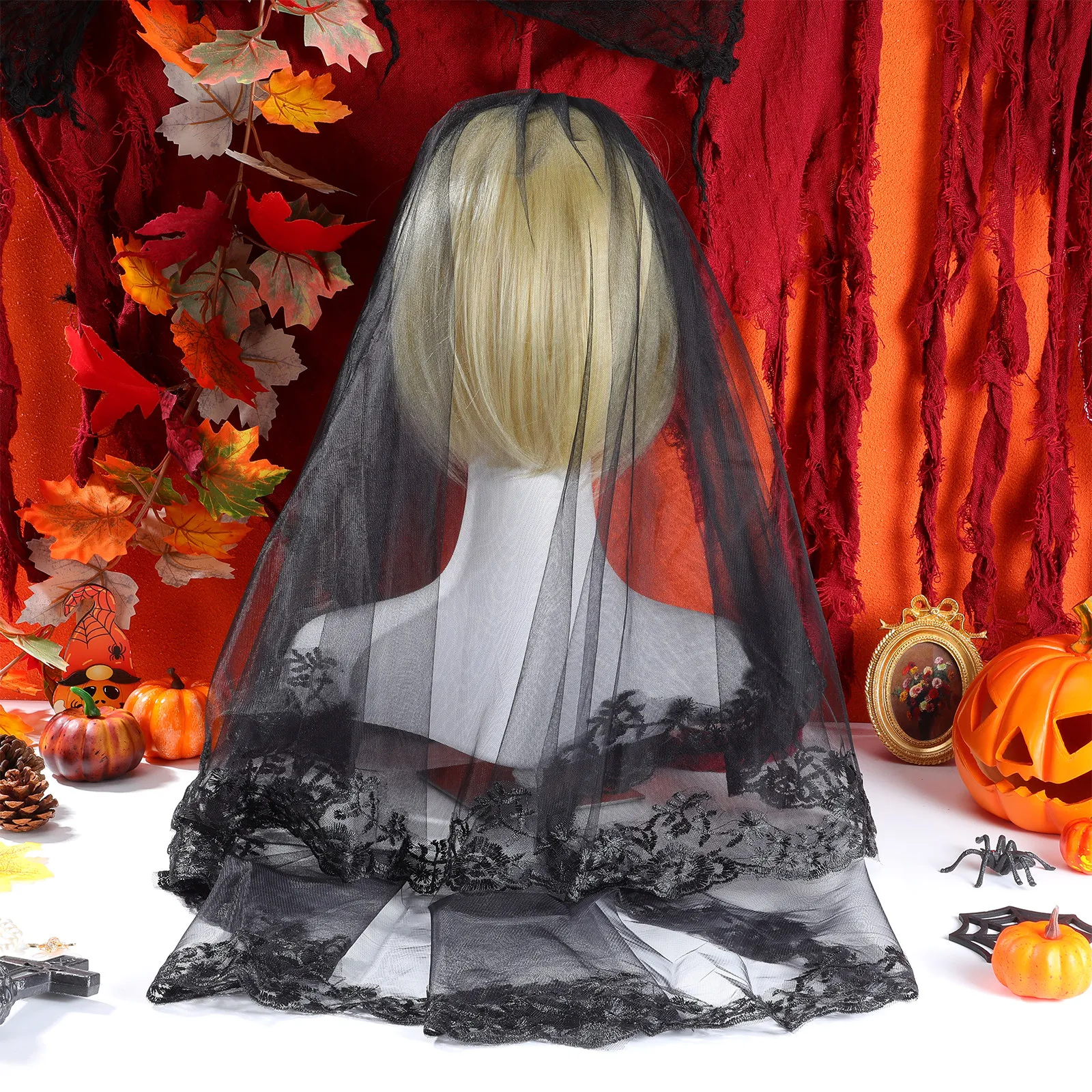 

Черная элегантная кружевная свадебная фата для женщин, аксессуар для волос, реквизит для костюма на Хэллоуин, длинная винтажная мантилья из тюля