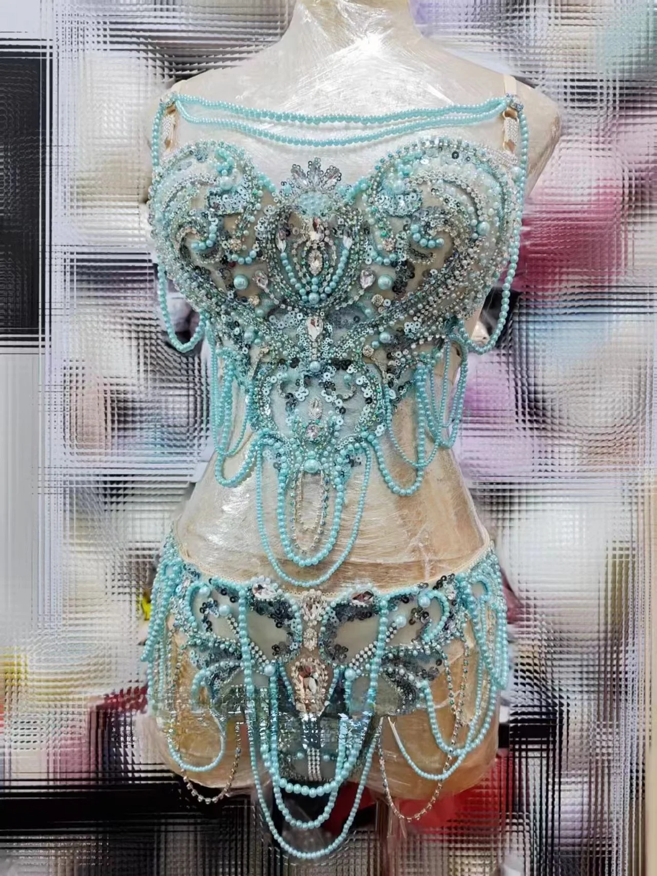 Female Singer Nightclub Bar Full Diamonds Pearls Sexy Chain Bikini DJ Dance Team Stage Party Club Prom Festival Rave Costume