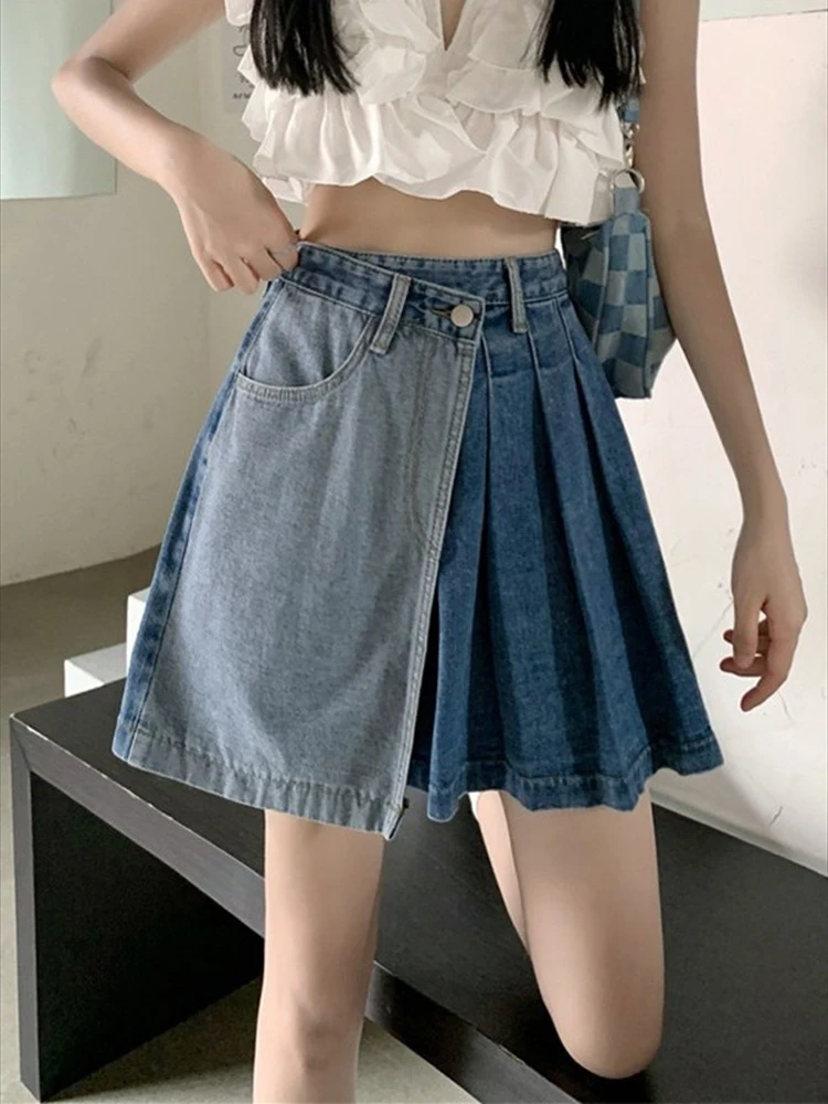 Korean Style plus Size Loose Fit Color Block Pleated Ultra Short Skirt Women's Spring Summer High Waist Denim Mini Skirt