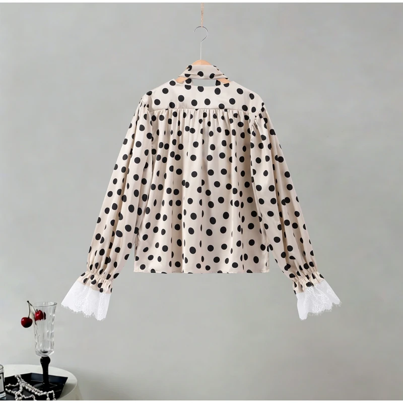 Damen Polka Dot Maxikleid mit Gürtel, tiefem V-Ausschnitt, langen Ärmeln, Satin-Kleider, Frühjahr 2026, lässige Alltags- und Abendgarderobe, schicke Robe – Detail 6