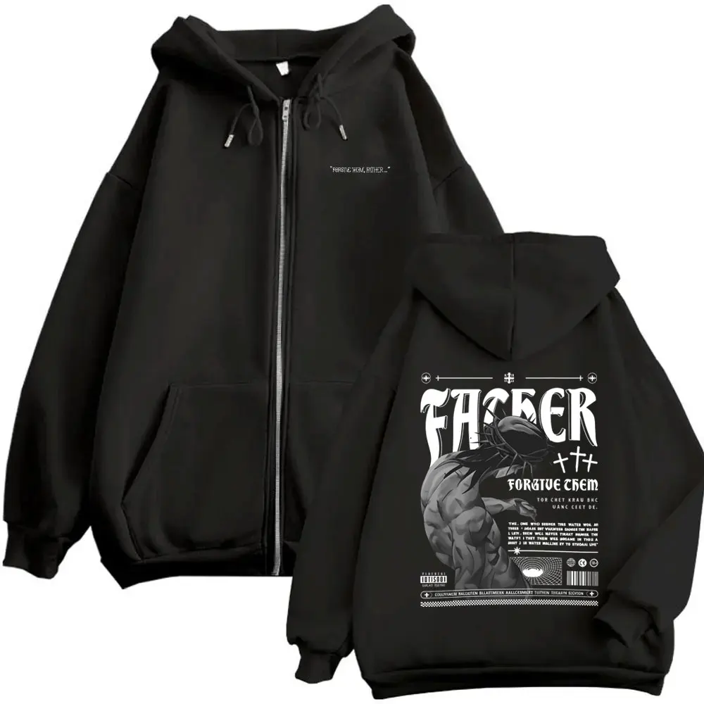 Sudadera con capucha y cremallera para hombre, estilo retro gótico rock, con diseño de Jesús cristiano y la frase 'Perdónales, Padre', de corte oversize.
