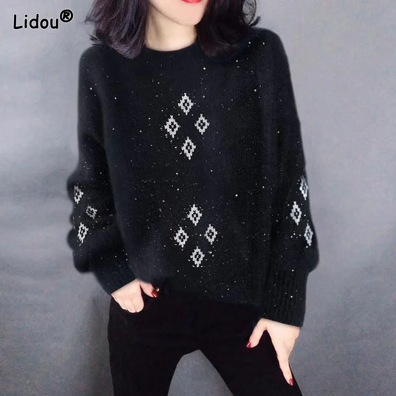 Simple Black Printing Autumn Winter Knitting Pullovers O-Neck Argyle Streetwear Medium Strech Women's Clothing Thick Spliced