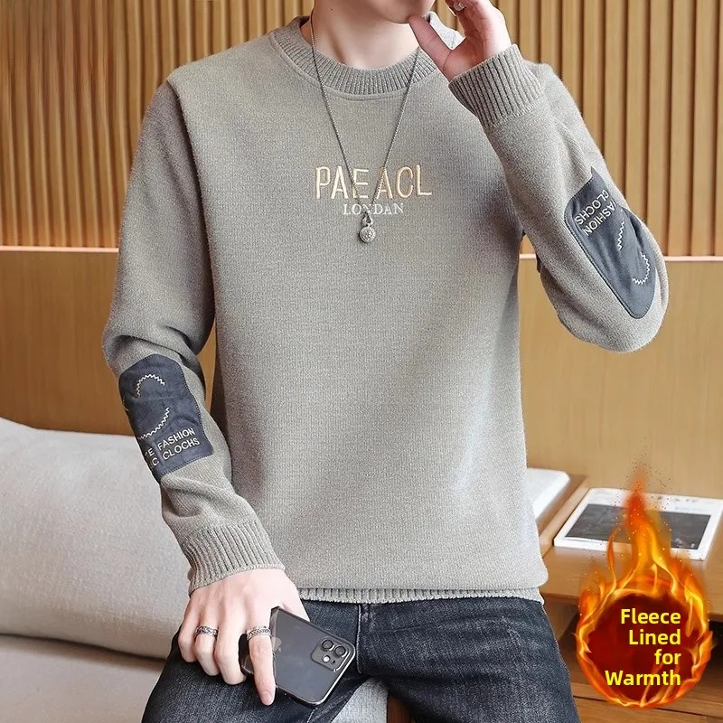 

Мужской вязаный свитер с круглым вырезом и флисовой подкладкой, зимняя базовая одежда, повседневная облегающая футболка с длинным рукавом, молодежная мода