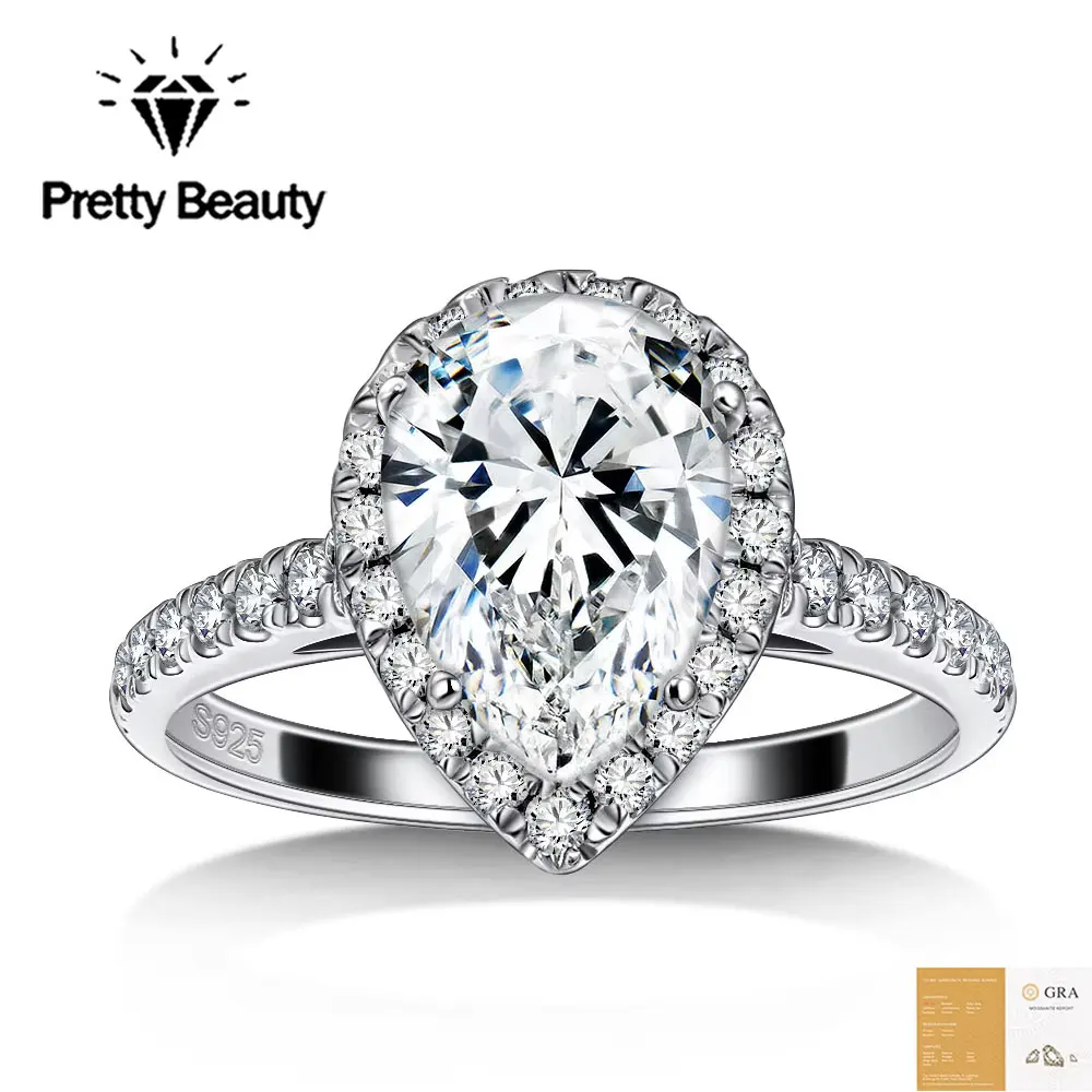 Pretty Beauty 925 Sterling Silver 2CT Moissanite Engagement Ring for Women Pear Cut Wedding Band Dainty Jewelry Anniversary Gift