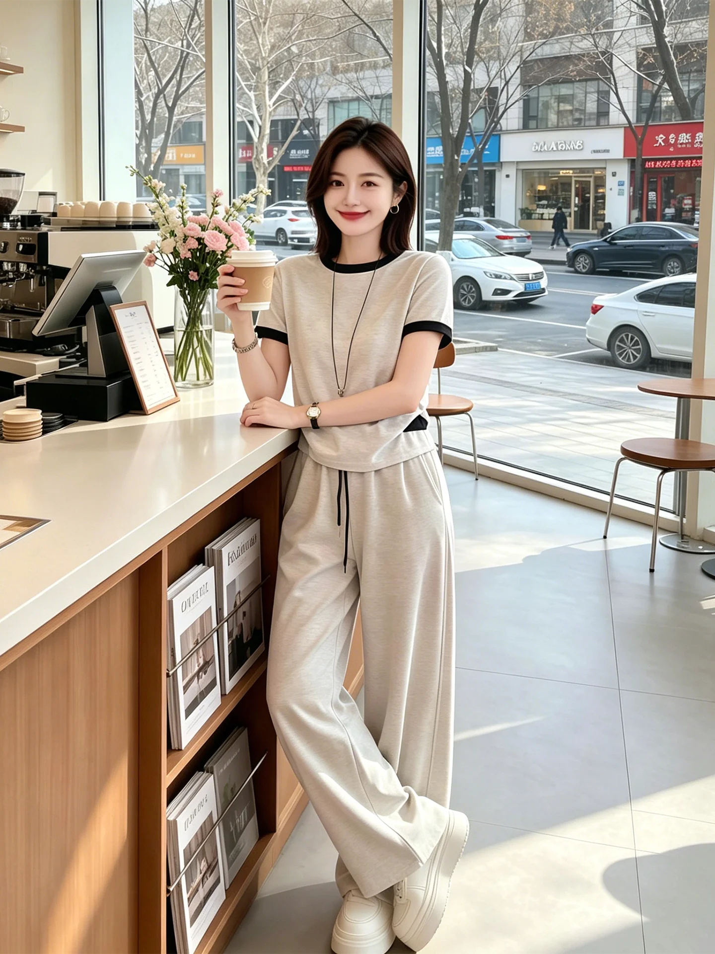 

Summer New Korean Style Color round Neck T-Shirt High Waist Slim Wide Leg Pants Two Piece Set Women Breathable Light We...