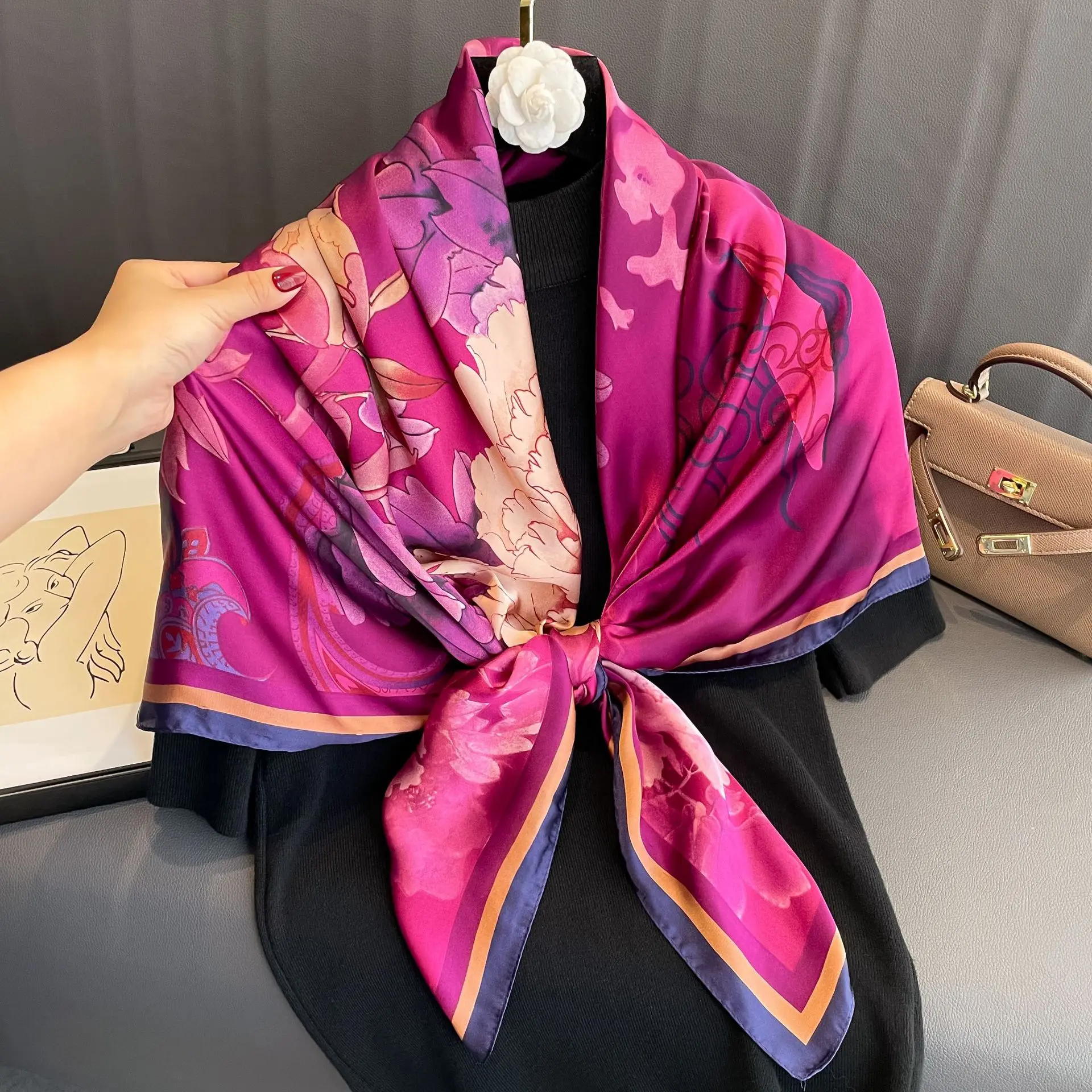 Spring Scarf Women\'s Luxury Design Scarf Silk Smooth Scarf Soft Muslim Headband Shawl Beach 110x110cm