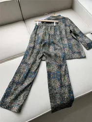 L*P Women Linen Pant Suit Printed Shirts+High Waist Straight Leg Wide Leg Pants  2 Piece Set High Quality