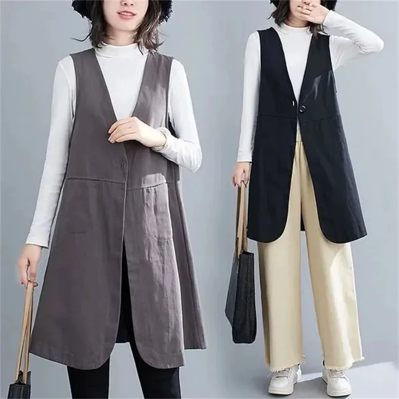 Long Cotton Linen Vest For Women Spring Summer Loose Fitting Large V-Neck Sleeveless Camisole Top Tank Top Mid-long Casual Vest