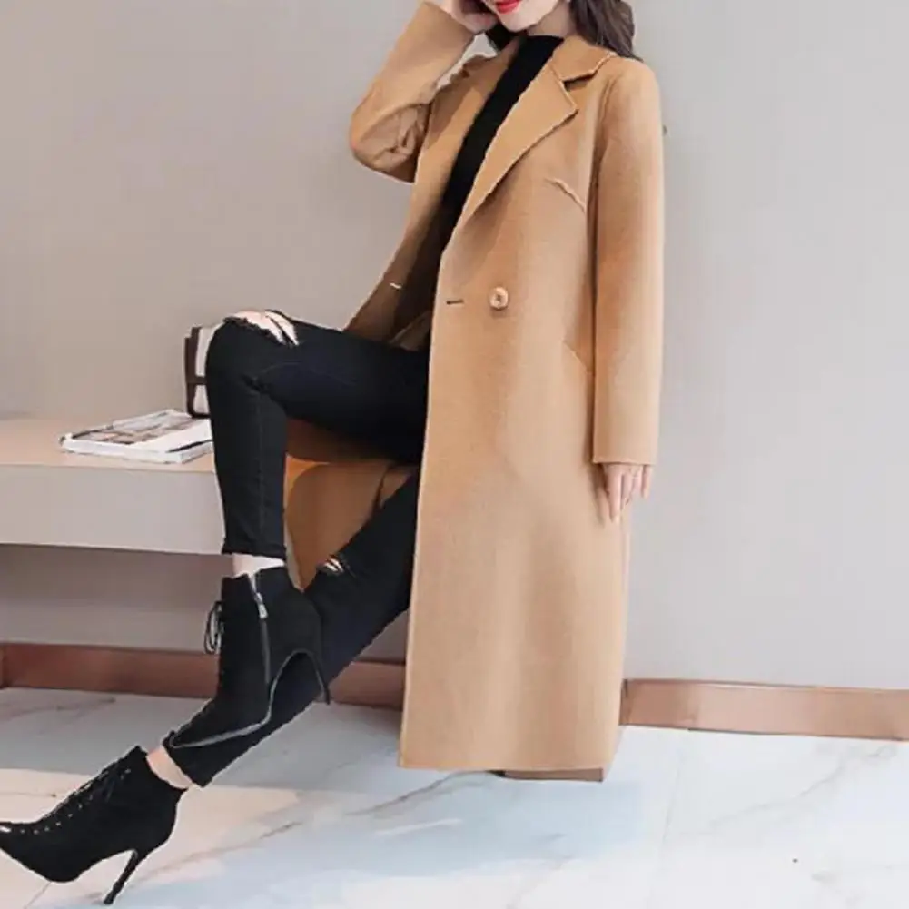 

Autumn Winter Woolen Coat Stylish Women's Woolen Coat Lapel Long Sleeve Two Buttons Pockets Autumn/winter Mid-length for Spring