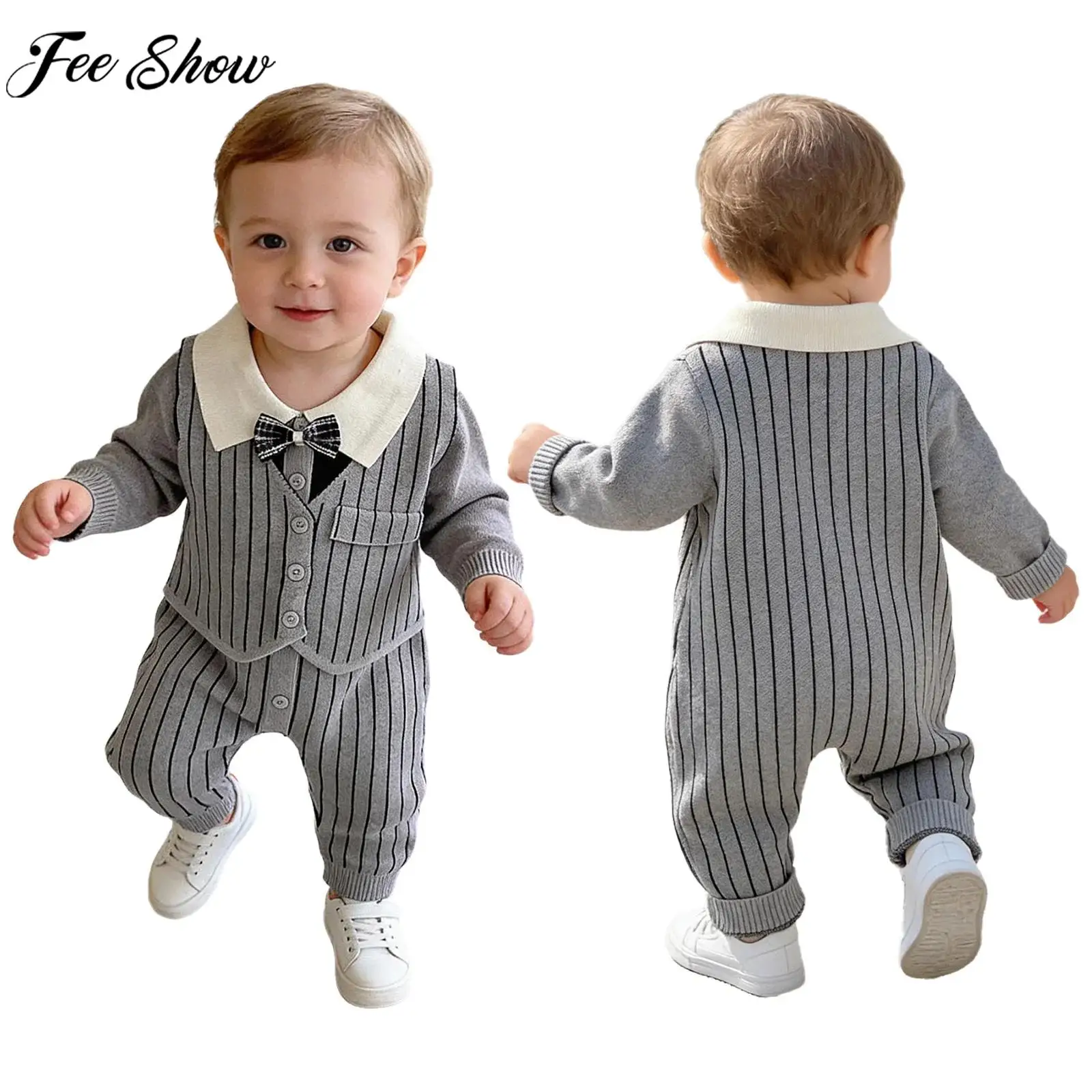 

Костюм-комбинезон для мальчиков: имитация двух предметов, с длинным рукавом, в полоску, с галстуком-бабочкой, вязаный жилет, для дня рождения, вечеринки, свадьбы