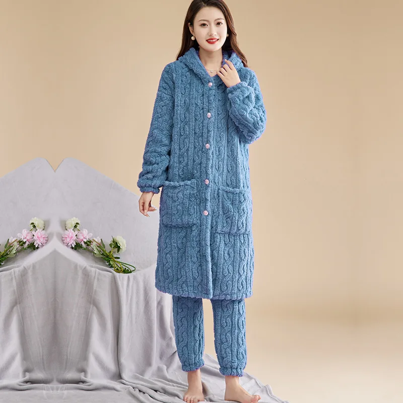 Oversize Winter Thickened Flannel Women Pajamas Set Warm Hoode Coral Fleece Sleepwear Pijamas Suit Loose Home Clothes LoungeWear