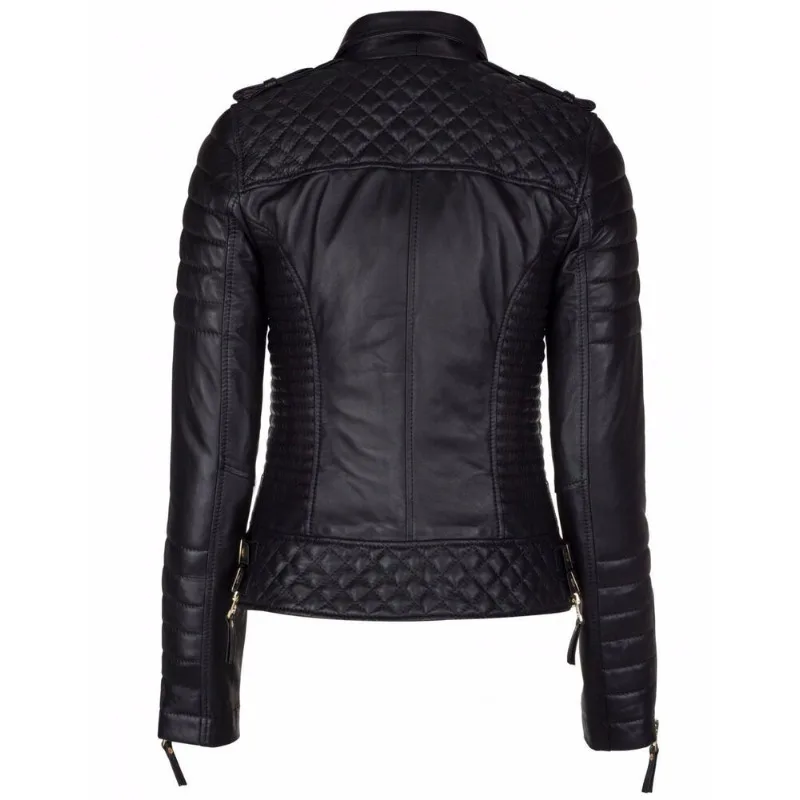 Stylish Women Genuine Lambskin Real Leather Jacket Black Quilted Designer Coat