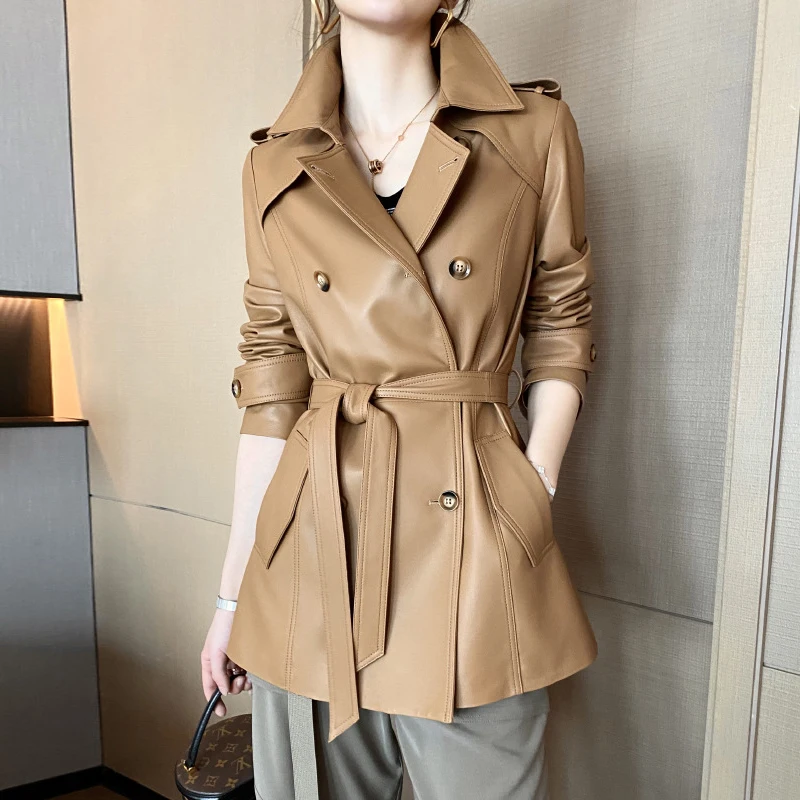 Fashion Double-breasted Women Genuine Sheepskin Jackets Coats Chic Khaki Ladies Turn-down Collar Belt Mid-length Trench Coats