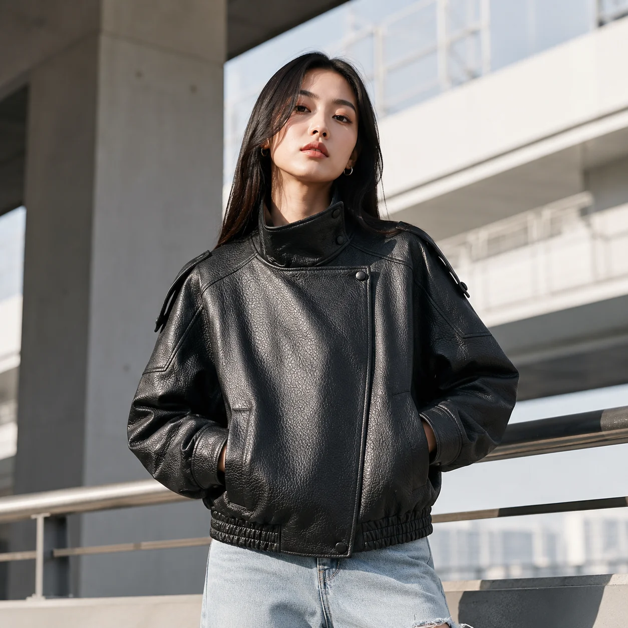 EOENKKY Women Faux Leather Jacket Black PU Biker Jacket Vintage Motorcycle Coat Oversized Streetwear High Collar Autumn Winter