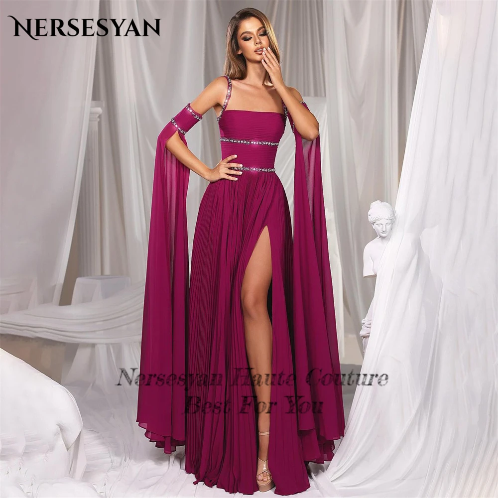 Nersesyan Mediumvioletred Glitter Formal Evening Dresses  A-Line High Side Slit Prom Dress Beading Angel Sleeves Party Gowns