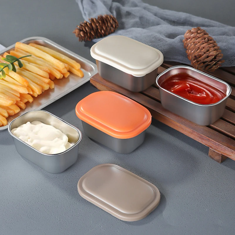 1Pcs 304 Stainless Steel Sauce Cup With Sealed Lid Seasoning Box Leak-proof Silicone Cover Condiment Container Outdoor Tableware