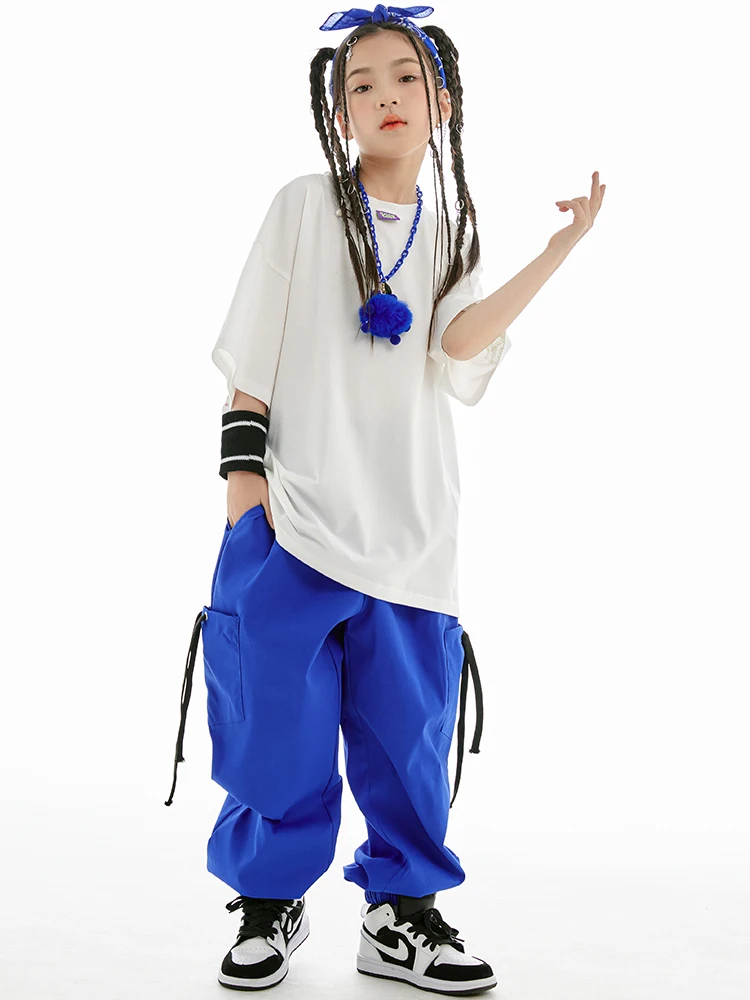 Jazz Dance Clothes Boys Girls Hip Hop Costume Loose Shirt Blue Pants Boys Breaking Street Dance Outfit Short Sleeves Suit