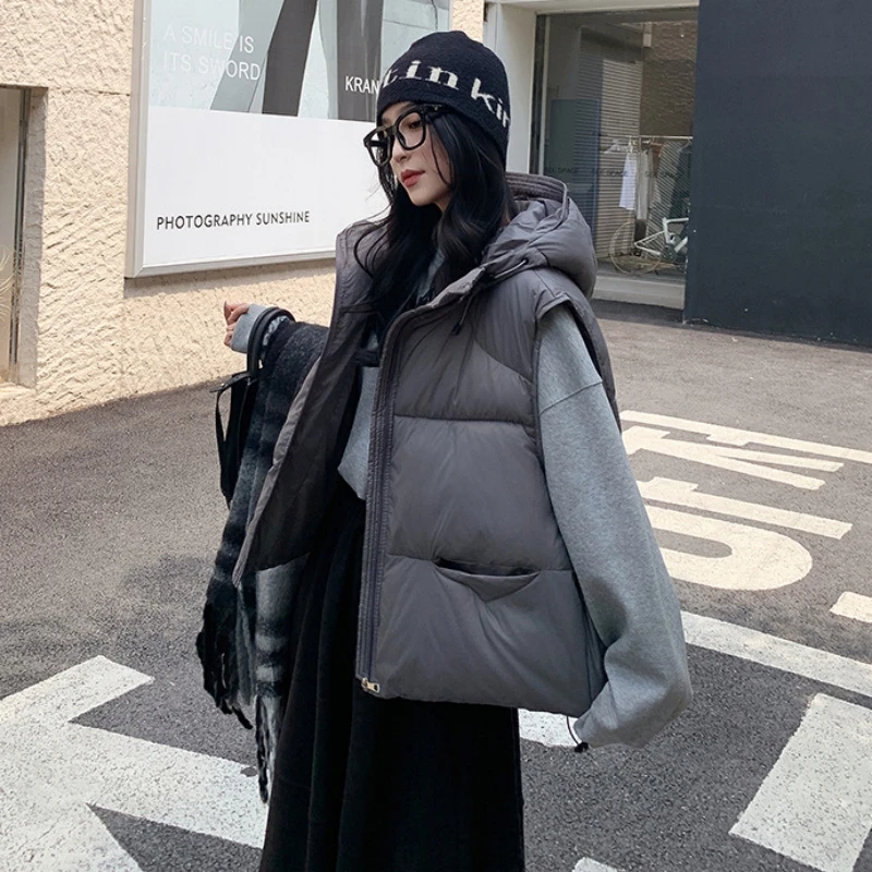 

Down Cotton Padded Vest Jackets 2025 Fashion New Winter Korean Hooded Coats Short Thick Waistcoat Women's Sleeveless Parkas Tops