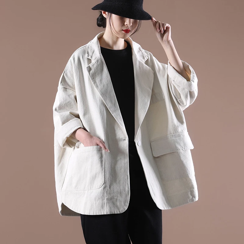 

SuperAen Oversize Notched Jacket Women's 2024 Autumn New Chinese Style Vintage Cotton White Loose Single Button Blazer