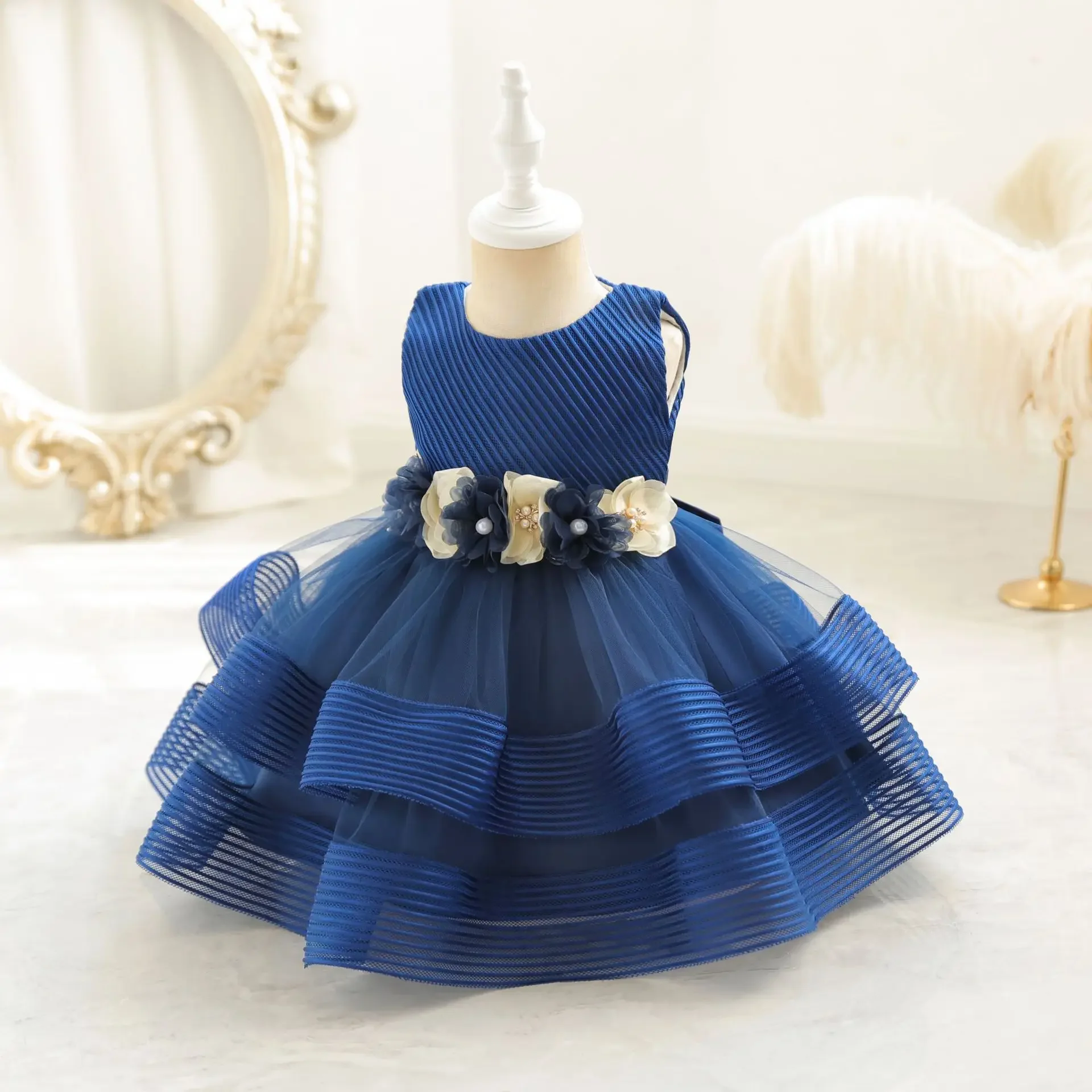 Girl Kid's Dress Flower Mesh Layered Striped Sleeveless Toddler Baby Party Gown for Girls 1-4 Years