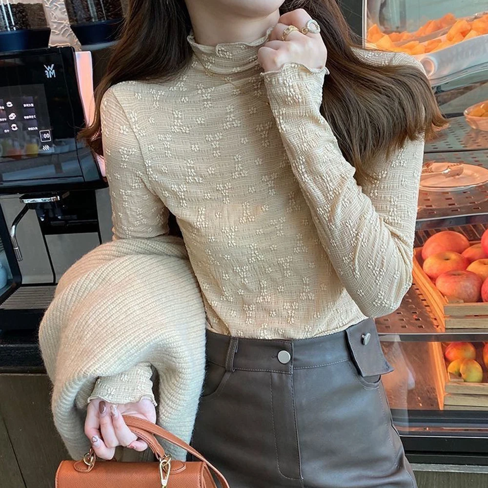 

Sexy Women Clothing Flower Embroidered Slim Fit T Shirt See Through Transparent Mesh Tops Long Sleeve Sheer Girl Turtleneck Tees