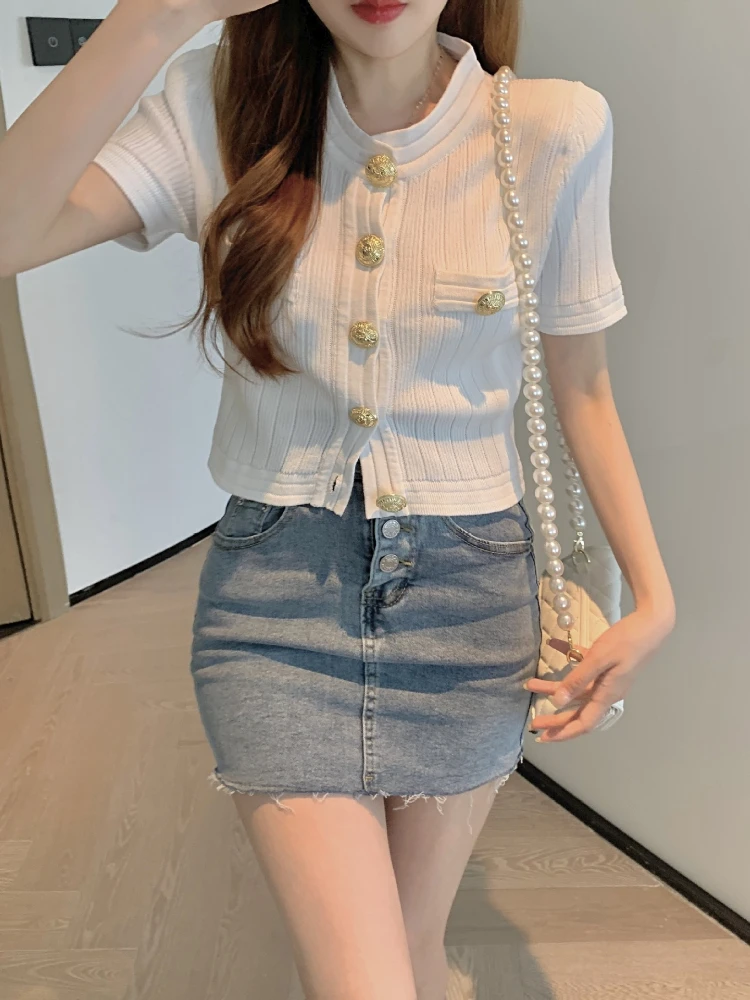 Fashion Knitted Shirt Women\'s Summer New Sweater Jacket Fit Metal Button Short Sleeved Knit Wears Top Female Trendy 2 Piece Sets