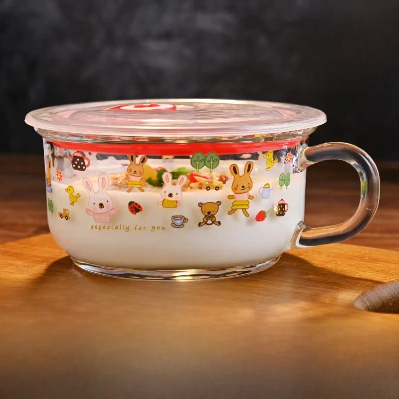 Korean Style Cartoon Glass Bowl Salad Bowl Fruit Vegetable Preservation Bowl Soup Bowl Instant Noodles Bowl with Lid Bowl for...