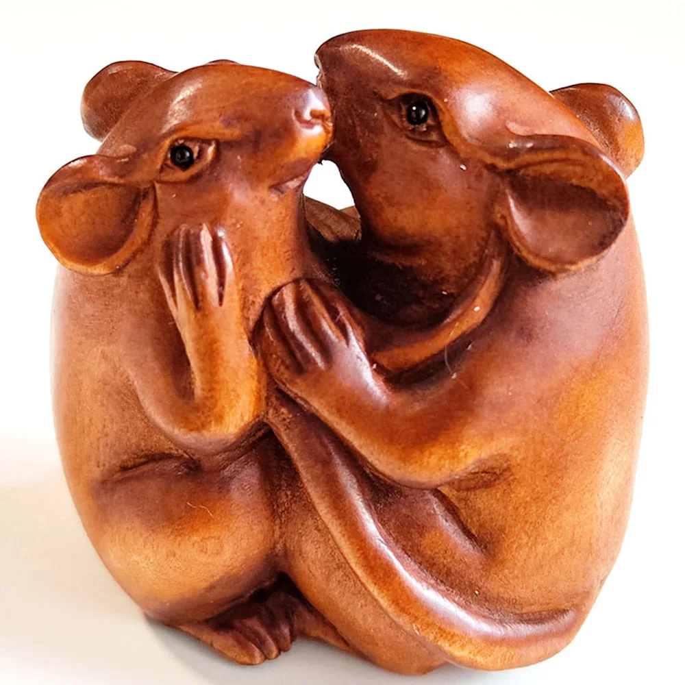 Y8279 - 2" Hand Carved Boxwood Netsuke Carving Figurine - Mouse Couple SWhispering