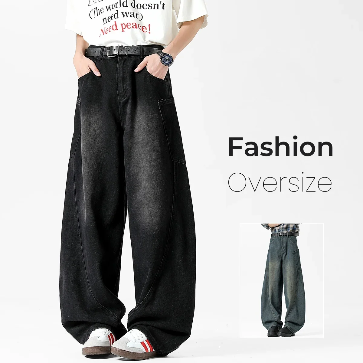 

Pop Fashion Men's Bgaay Jeans Nostalgic Vintage American Loose Oversized Denim Trousers Y2k Streetwear Wide-leg Pants Size S-3XL