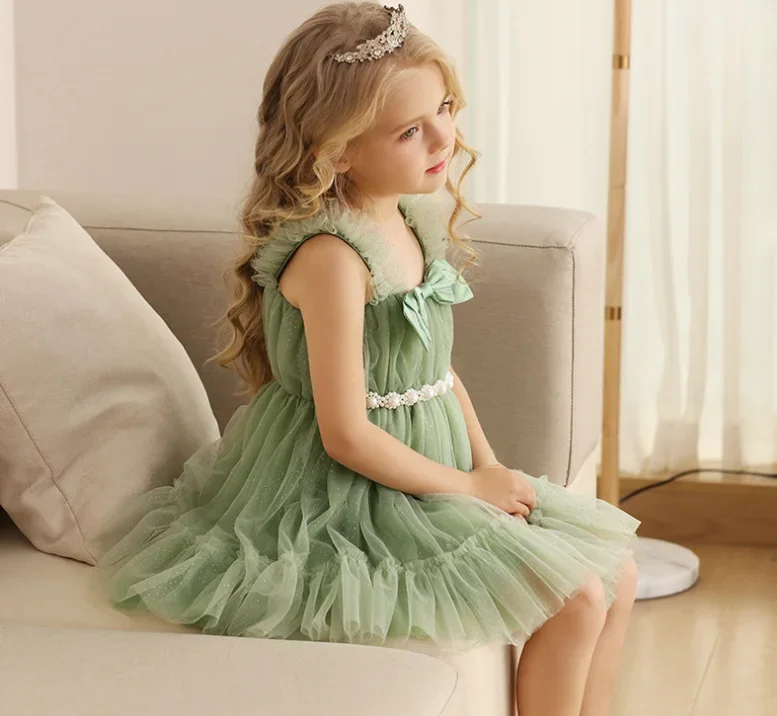 Retail New 2024 Baby Summer Girls Boutique Green Mesh Bow Dress, Princess Kids Sweet Fashion Dress  1-7T