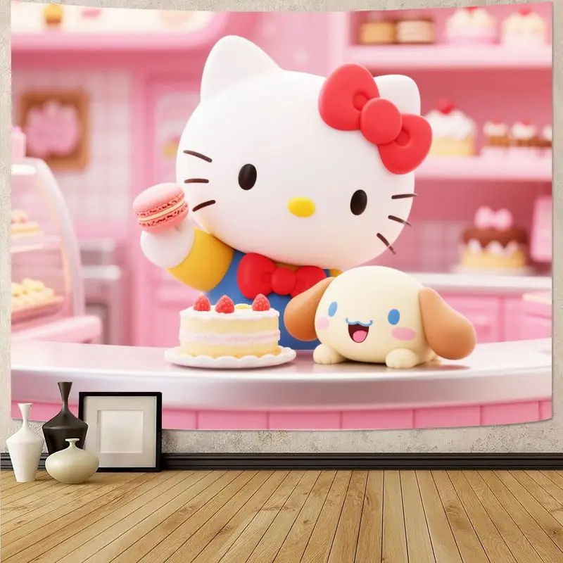 

Hello Kitty Cinnamoroll Pink Bakery Tapestry Cute Kawaii Polyester Wall Art for Bedroom Living Room Dorm Decor Gift for Fans