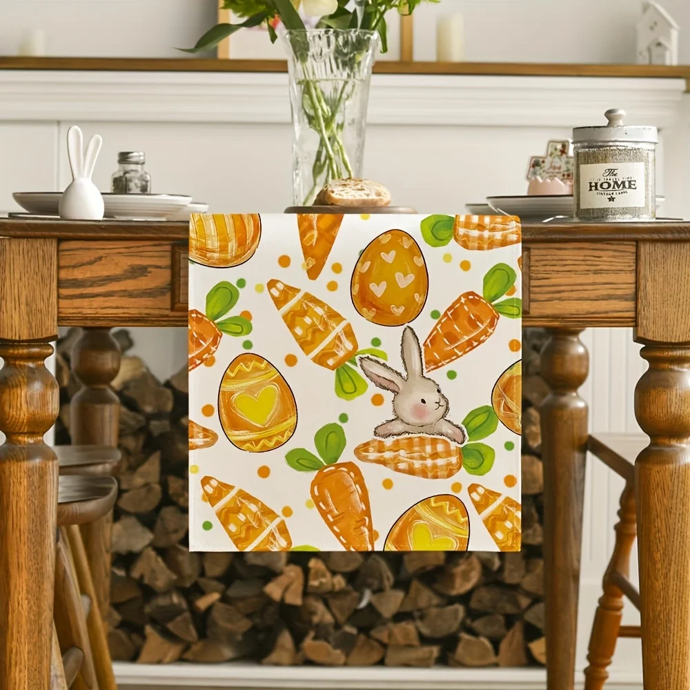 

Easter Dots Table Runner | Bunny, Carrots & Eggs Design | Spring Seasonal Decor for Kitchen, Dining, Home Party & Fireplace