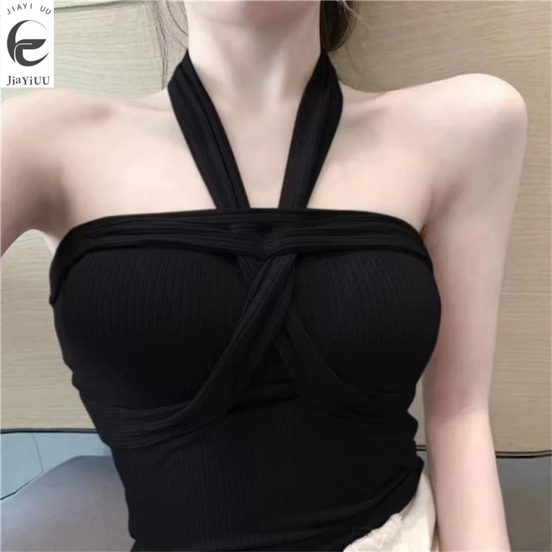 

2024 New Women's Slim Fit Short Outsider Wear Neck Top Trendy Knitted Camisole Tank Top