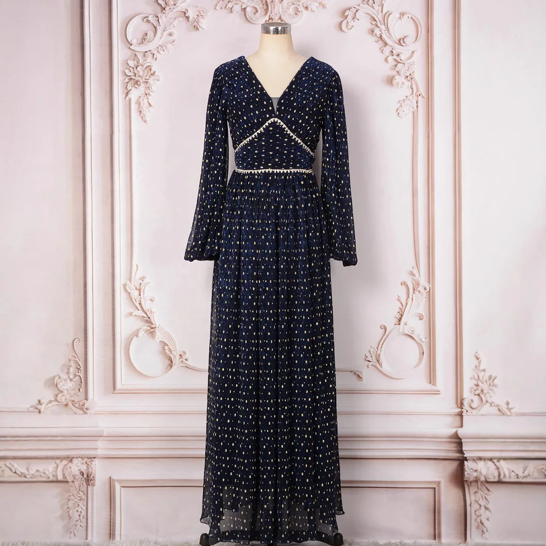 

Ближний Восток, новая мода, мусульманские женские элегантные повседневные модные свободные платья с длинными рукавами и v-образным вырезом, украшенные бриллиантами, женская одежда