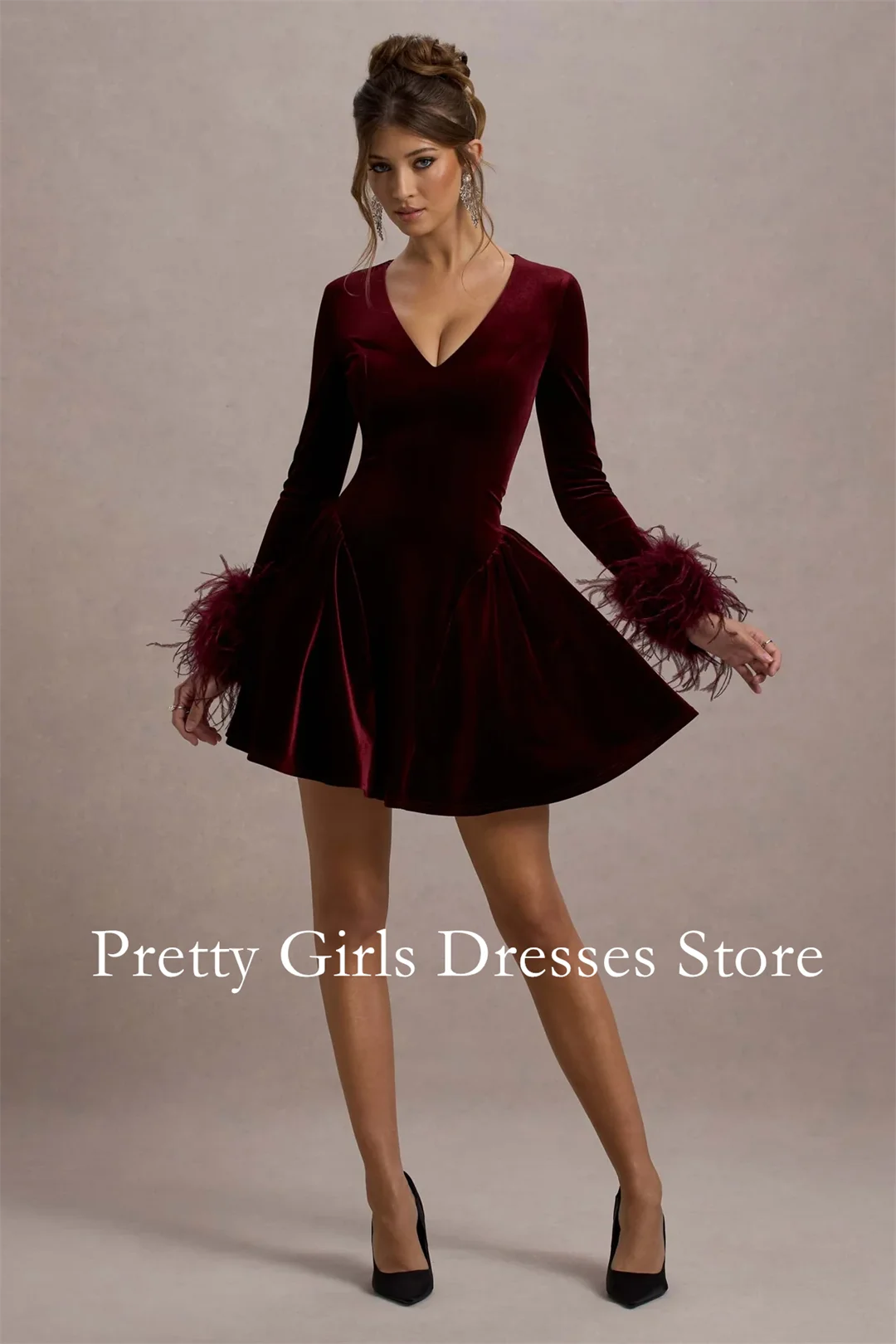 

Port Velvet Plunge-Neck Feather Trim Mini Dress Gown Evening Dresses Customized Party Prom Gowns Formal vestidos de fiesta