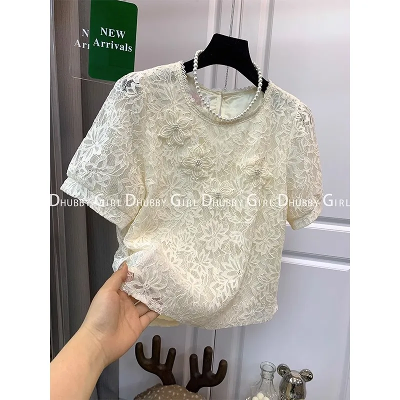 Casual White Floral Lace Chic Design Puffy Sleeve Short Sleeve T-Shirts Girls Tshirts Short Folds Tops For Women