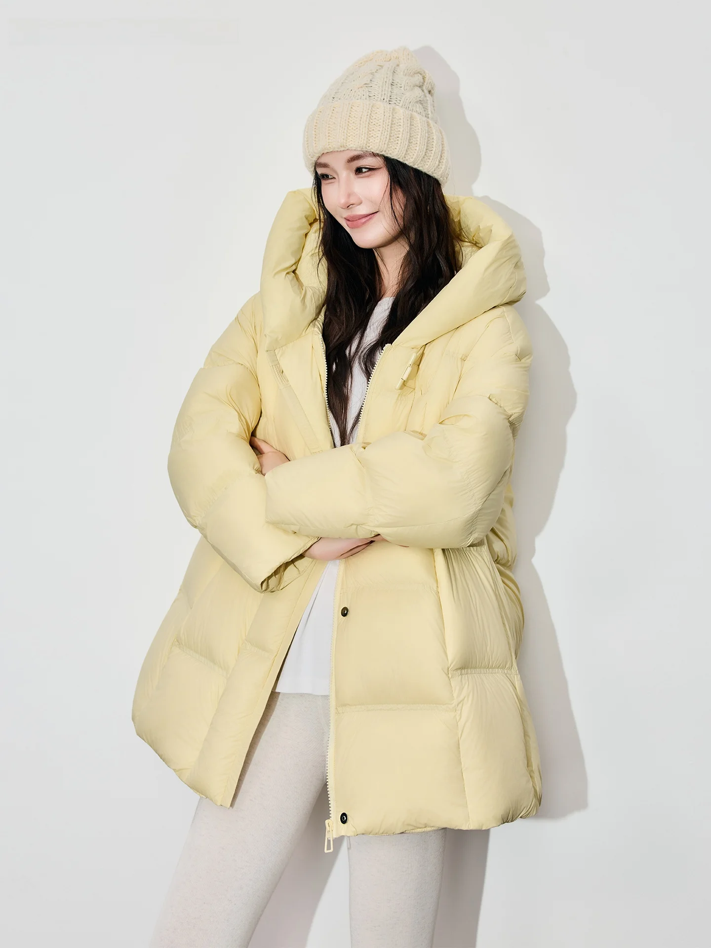 

BLOOD OATH 90% White Du down Puffer Jaet Women's Loose Fit Mid-Length Hooded Coat Warm Thiened Long Sve Zipper Closure