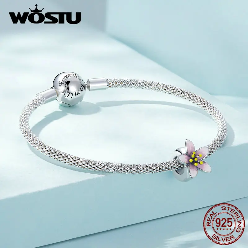 WOSTU 925 Sterling Silver Colorful Cherry Blossoms Charms Pink Flower Beads Fit Original Bracelet Pendant DIY Jewelry Making