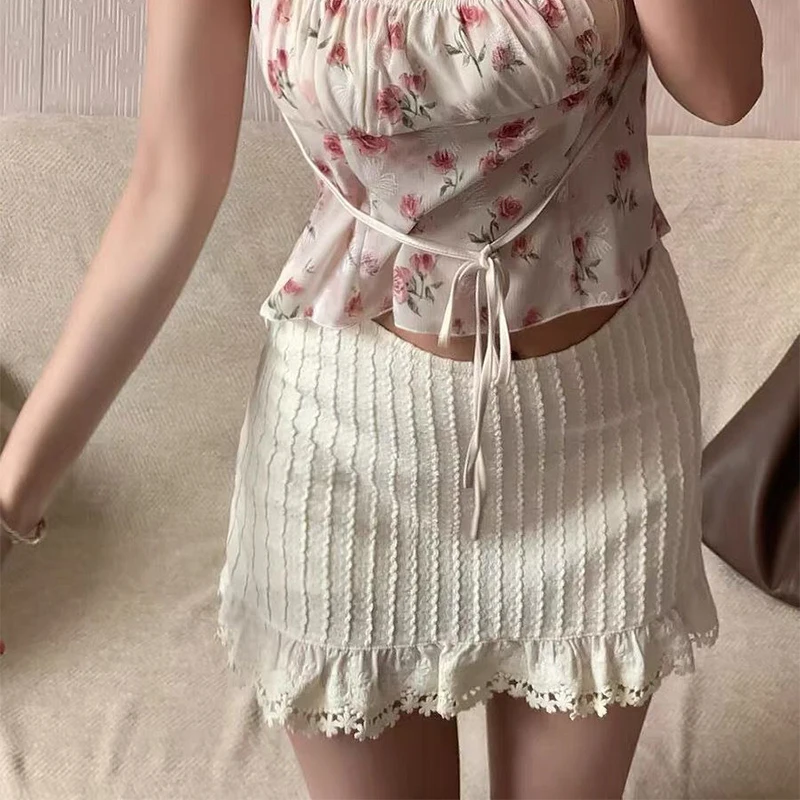 

Sweet Lace Spliced Sexy Package Hip Knit Mini Skirt Women Summer Y2K Skirts