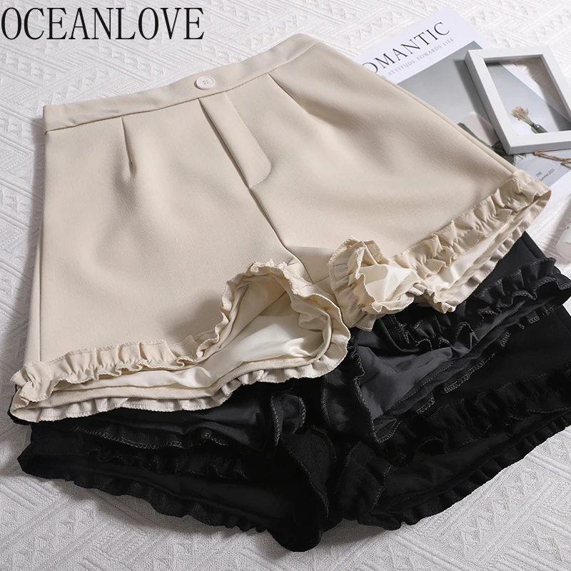 

OCEANLOVE Women Shorts Ruffles Solid Spring Summer Sweet Korean Fashion Short Mujer Slim Basics High Waist Pantalones Cortos