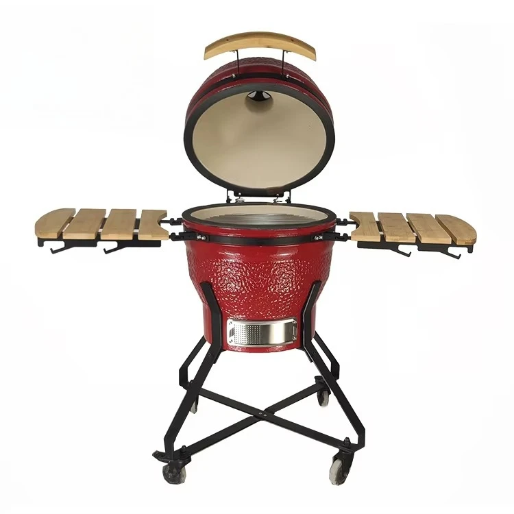 18inch  Dark Red Stone Pattern Kamado Grill Porcelain Enameled Charcoal Smoker Function Home Outdoor BBQ