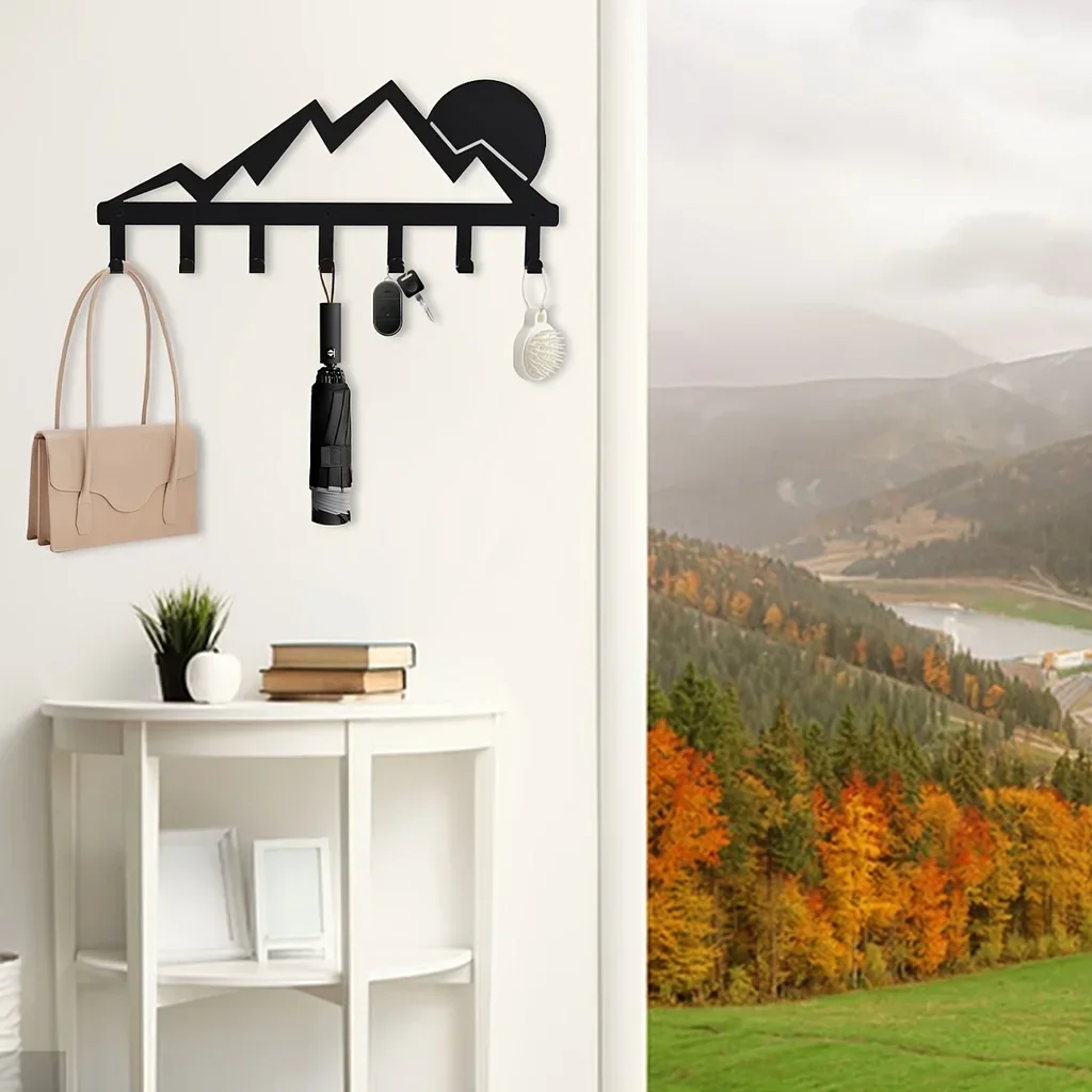 

HELLOYOUNG Mountain Metal Key Holder 7 Hooks Sunset Scenery Black Iron Wall Mounted Coat Hats Hooks Decorative Hanger Organiser