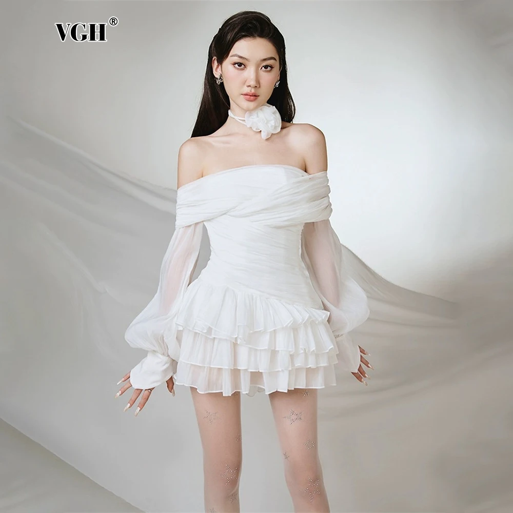 

VGH Elegant Solid Sexy Short Dresses For Women Slash Neck Off Shoulder Sleeve Slimming Spliced Ruffles Temperament Dress Female