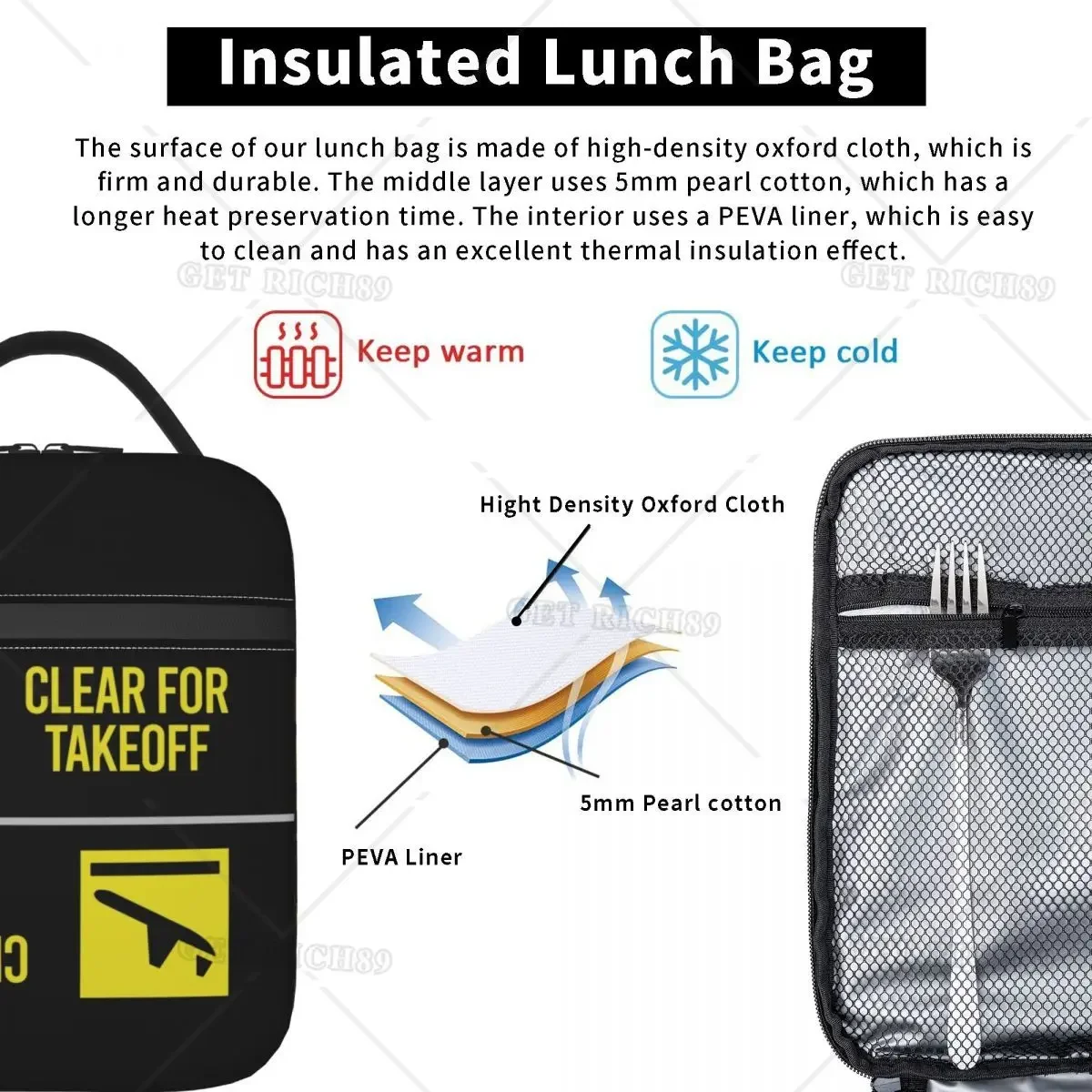 Clear for Takeoff Landing Resuable Lunch Box for Women Men Aviator Pilot Airplane Thermal Cooler Food Insulated Lunch Bag School