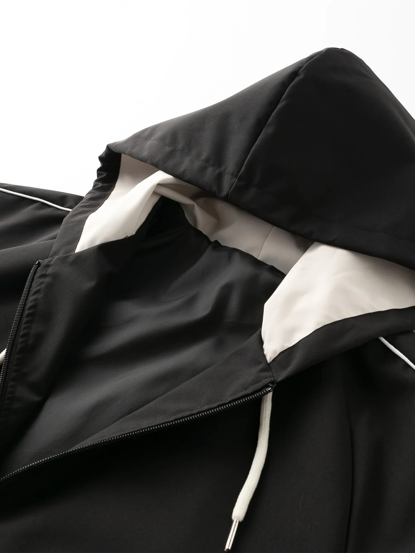 Men's Minimal Striped Rib Trim Hooded Baseball Bomber Windbreaker, Oversized Loose Full Zip Casual Outer Coat, Side White Piping Drawstring Hood Button Pockets, Solid Color Jacket For Daily Casual Wear
